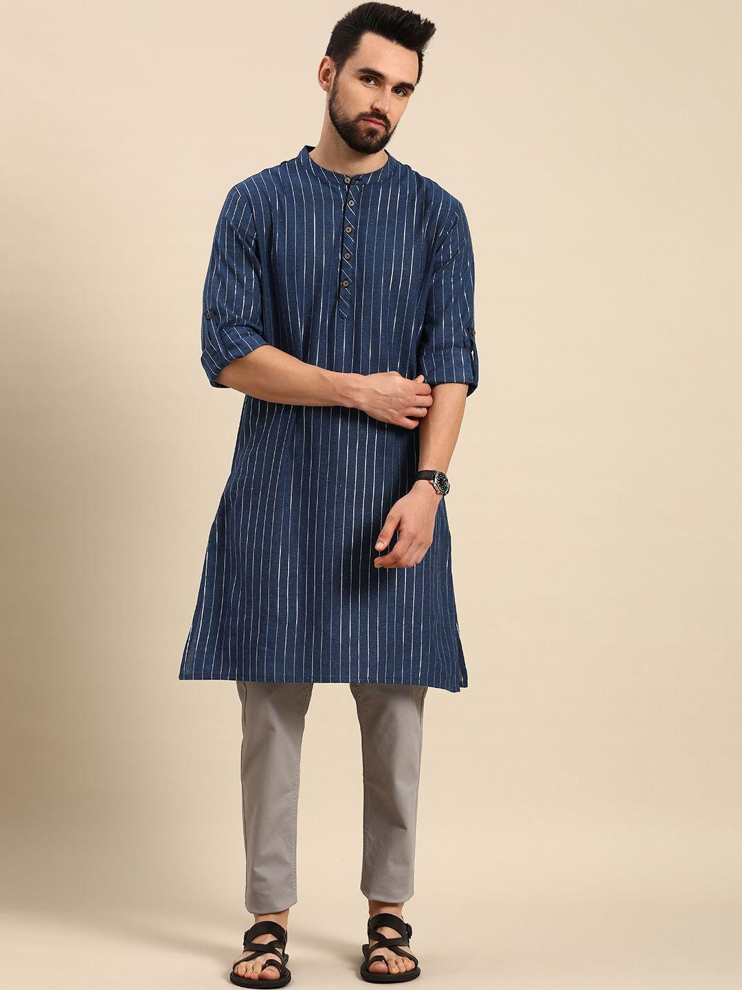 anouk men navy blue & white striped kurta