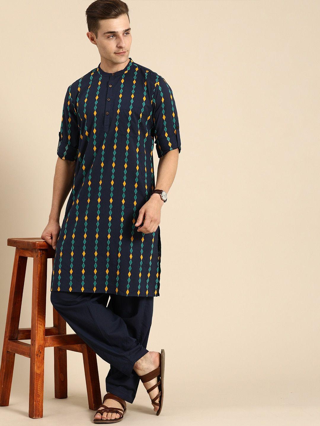 anouk men navy blue & yellow printed pure cotton kurta with salwar