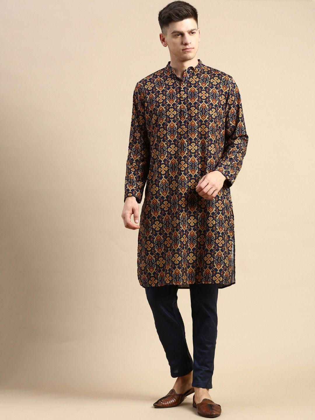 anouk men navy blue ethnic motifs printed regular kurta with pyjamas