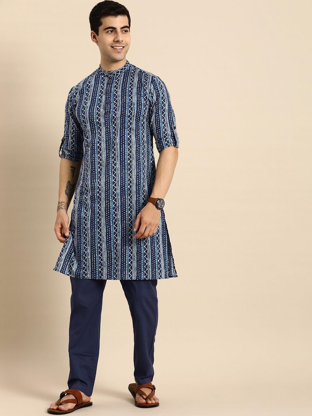 anouk men navy blue printed pure cotton kurta with trousers