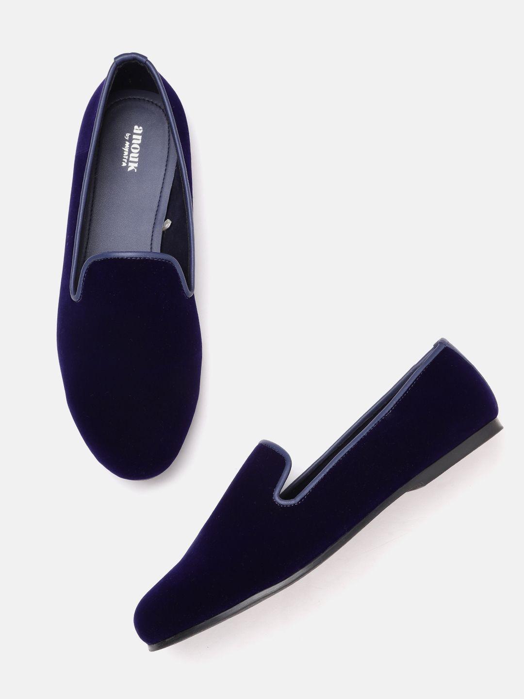 anouk men navy blue velvet finish handcrafted slip-ons