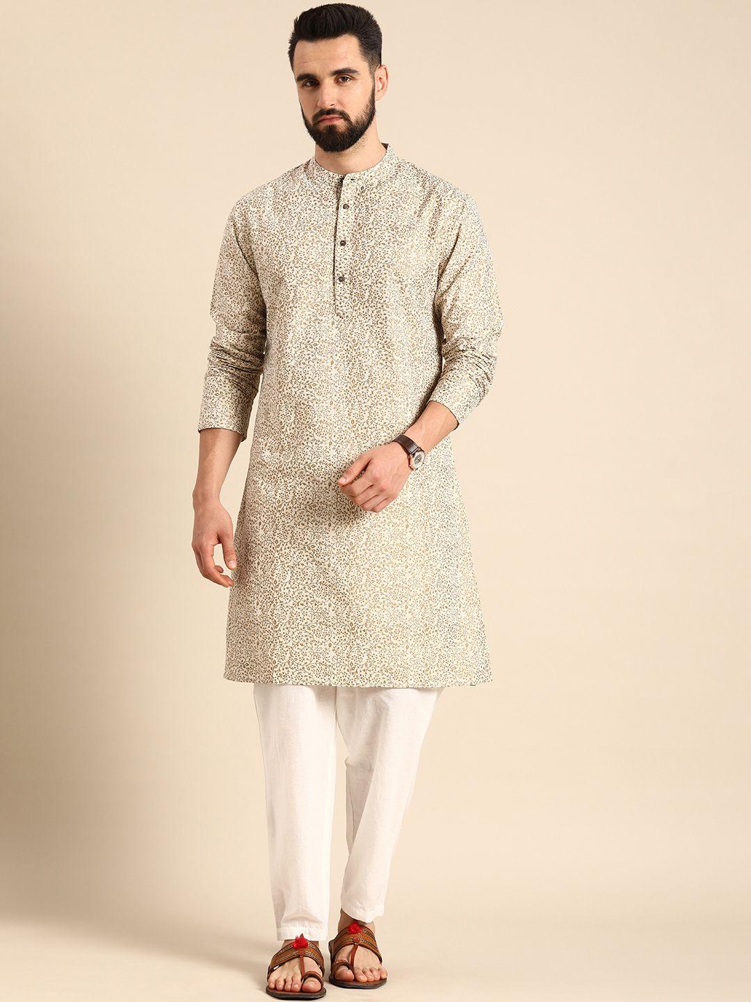 anouk men off- white & gold-toned  floral printed pure cotton kurta with trousers