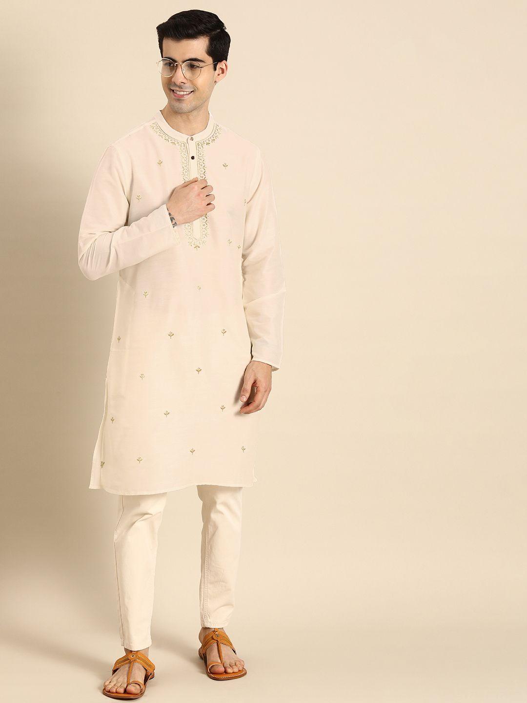 anouk men off white & gold-toned ethnic motifs zari embroidered kurta