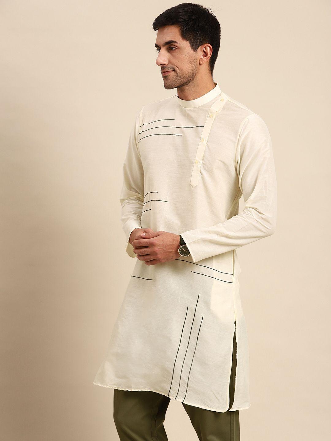 anouk men off white printed kurta