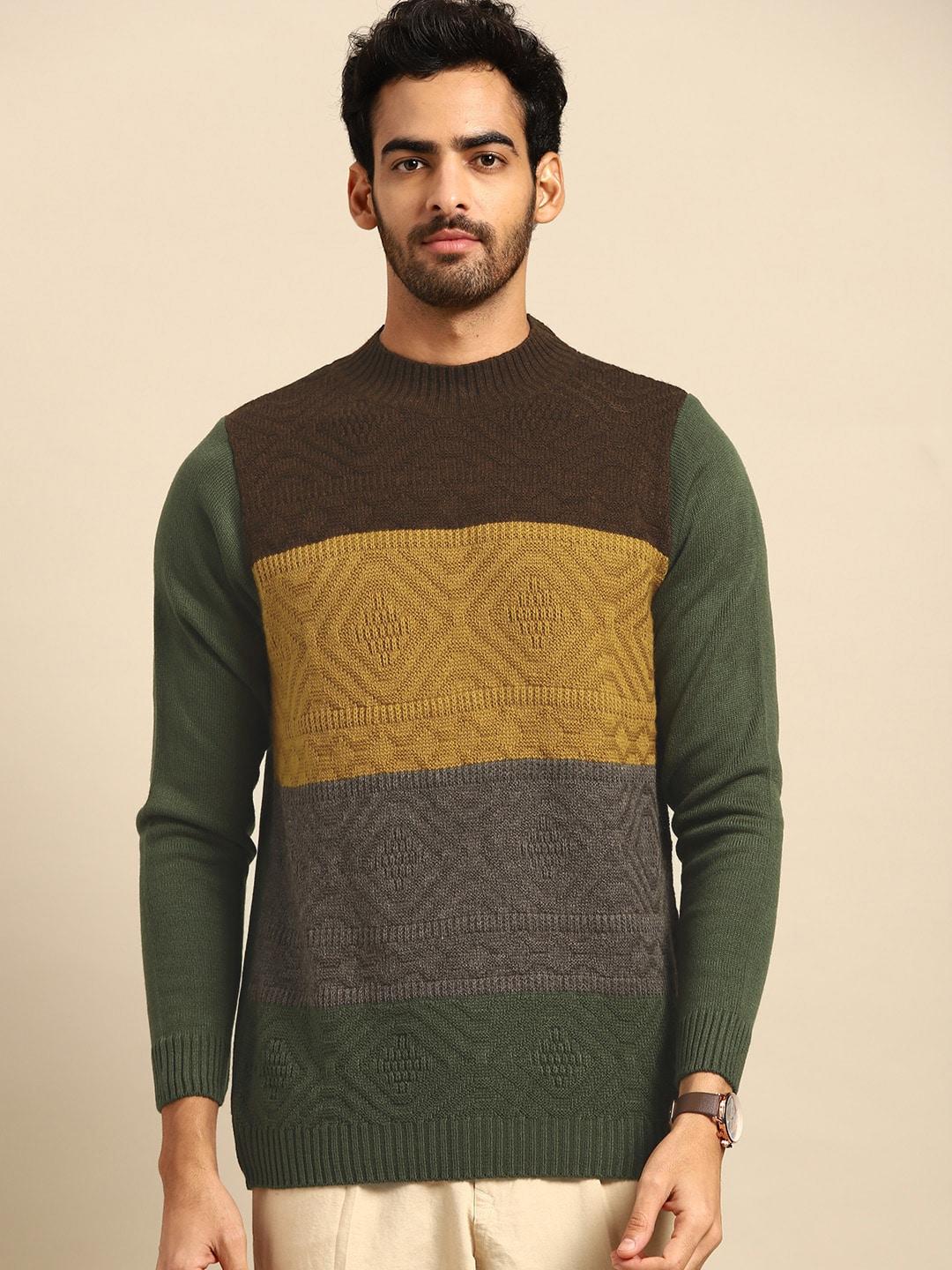 anouk men olive green & brown colourblocked pullover