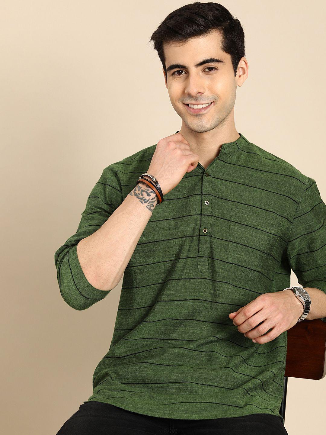 anouk men olive green striped kurta