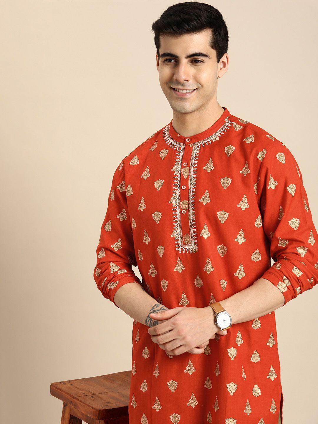 anouk men orange ethnic motifs printed kurta