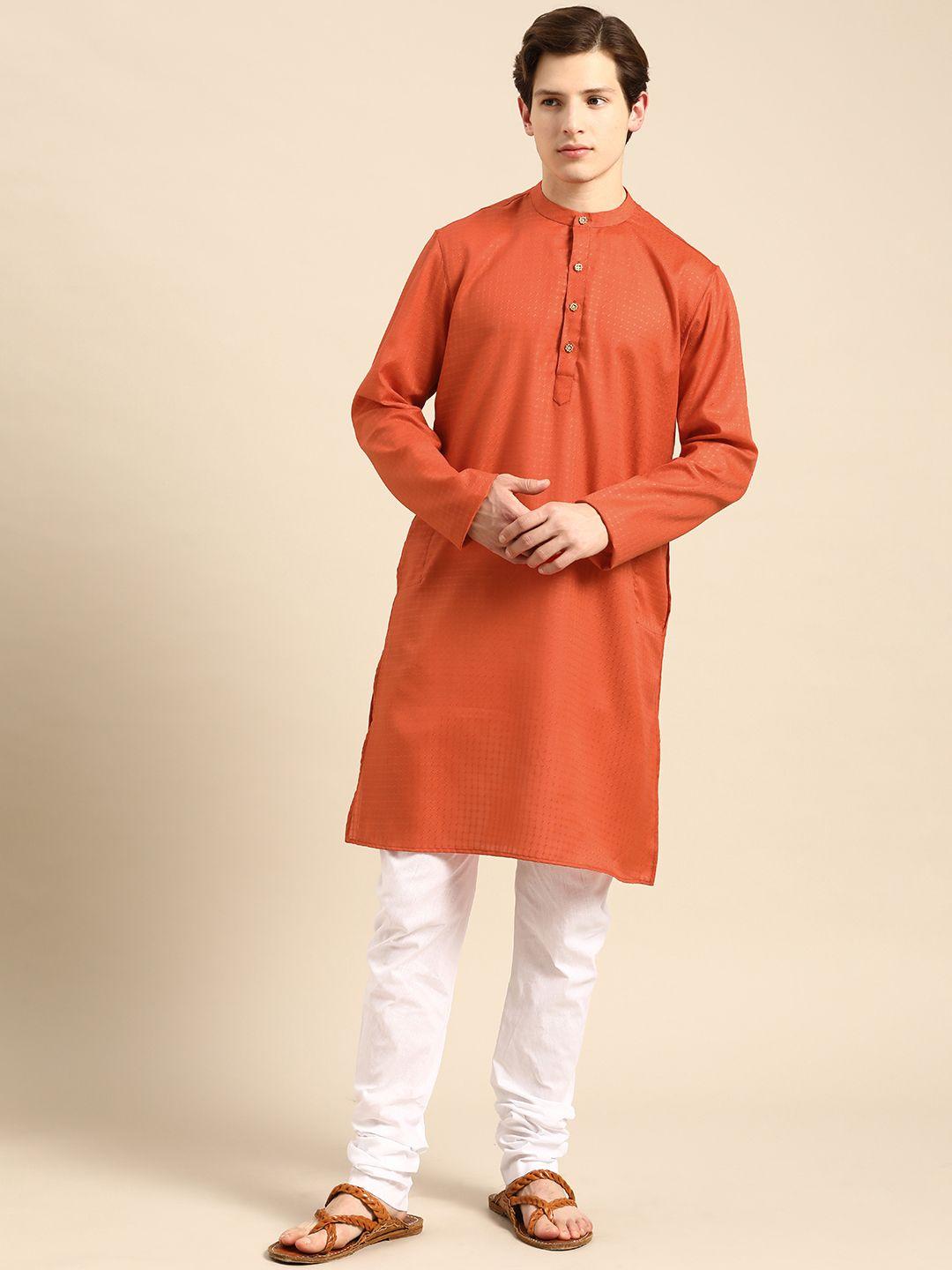 anouk men orange solid kurta with churidar