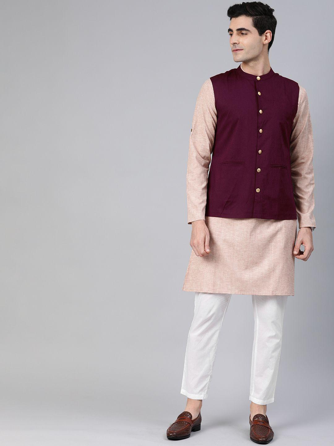anouk men peach-coloured & burgundy striped kurta with trousers & nehru jacket