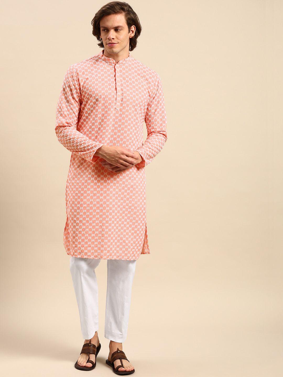 anouk men peach-coloured ethnic motifs embroidered pure cotton kurta with pyjamas