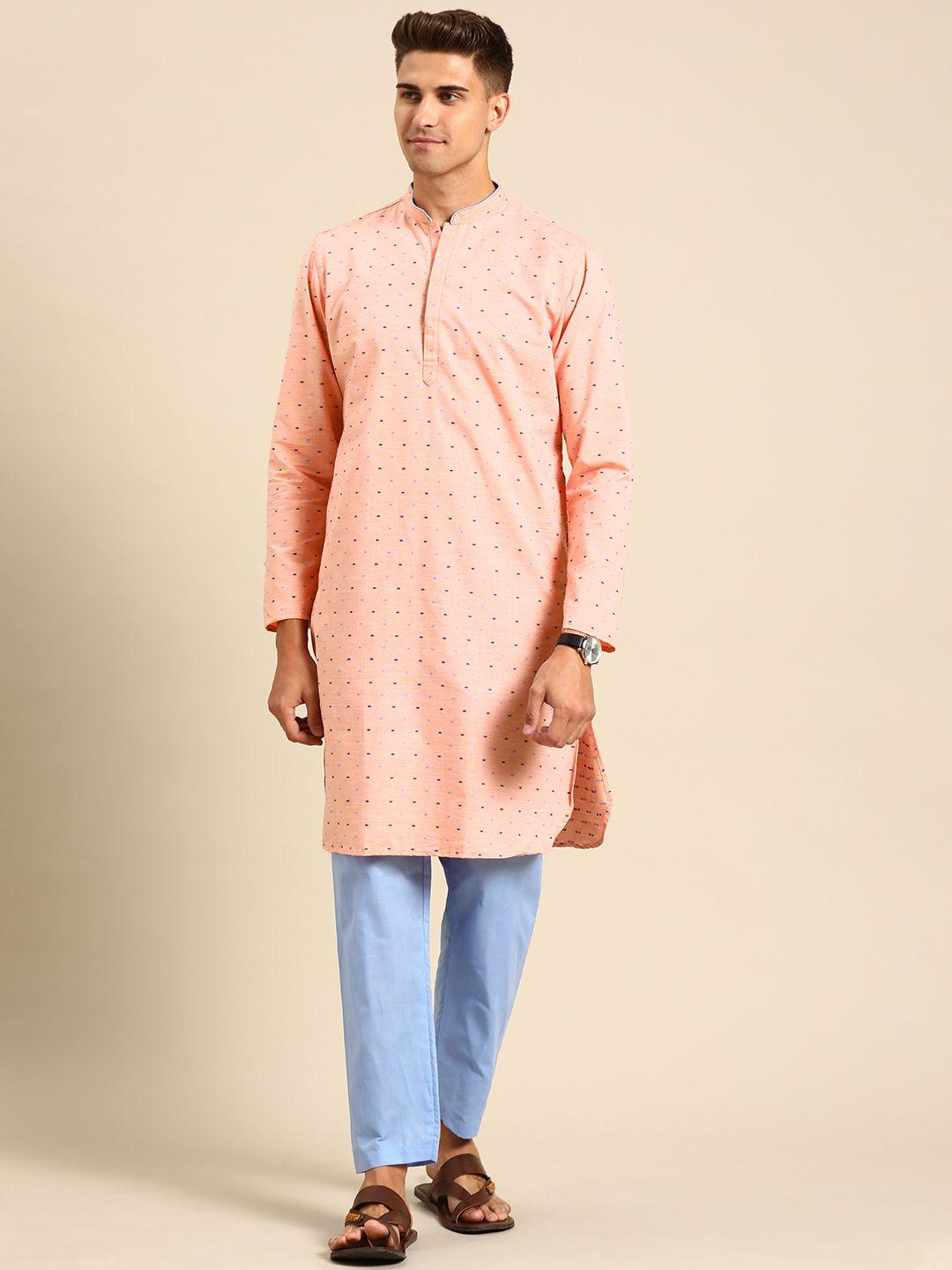 anouk men peach-coloured woven design pure cotton kurta with pyjamas