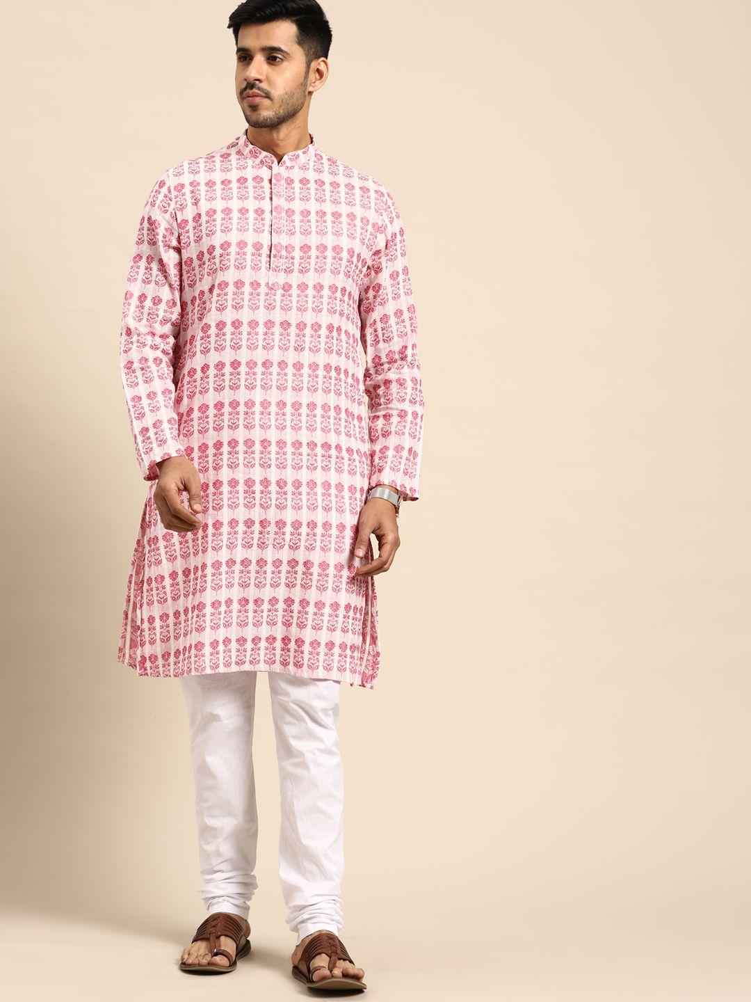 anouk men pink & white floral printed regular pure cotton kurta with churidar