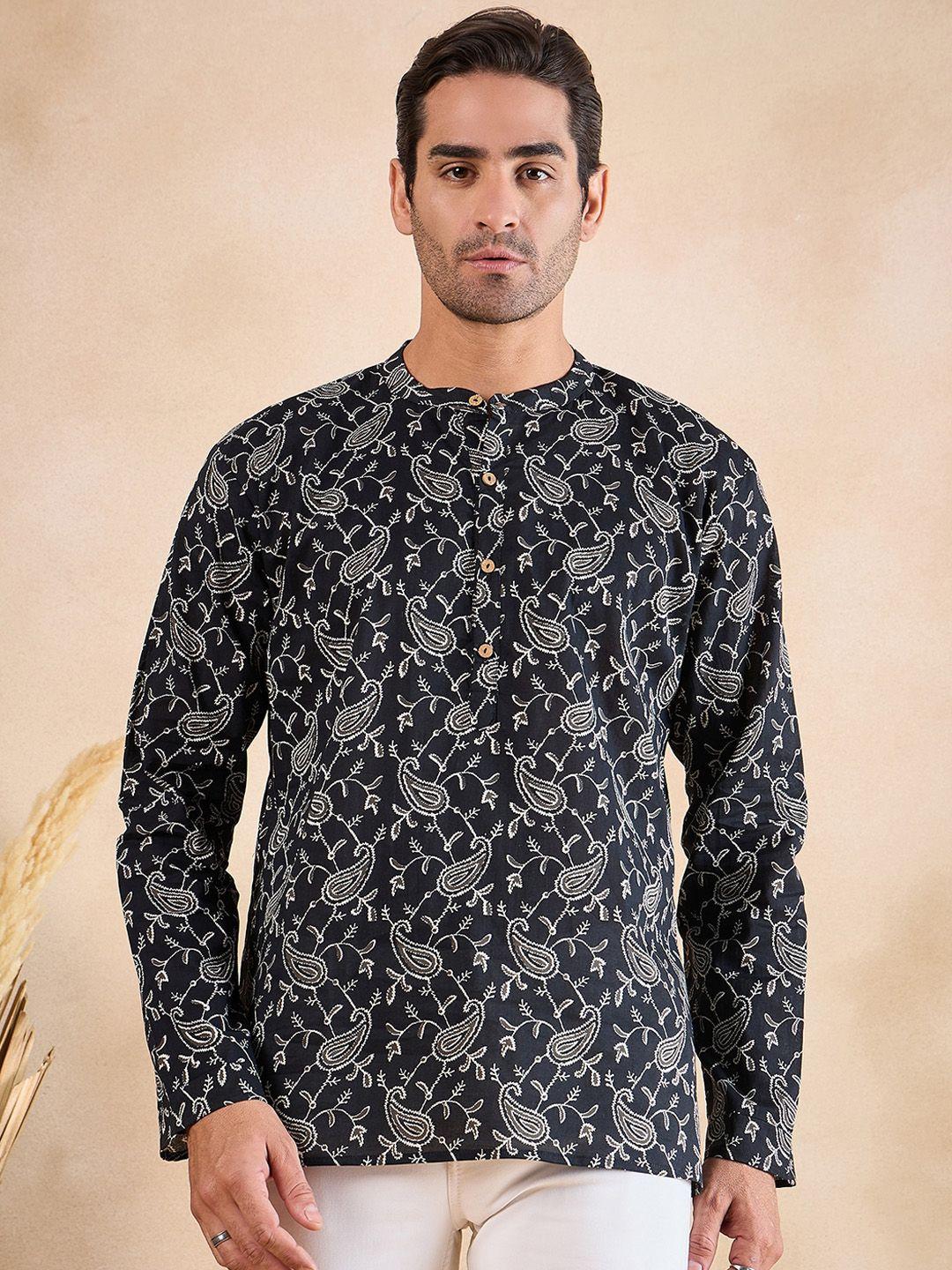 anouk men printed flared sleeves thread work handloom kurta