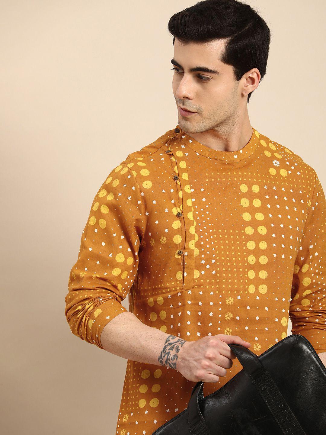 anouk men pure cotton geometric printed angrakha kurta