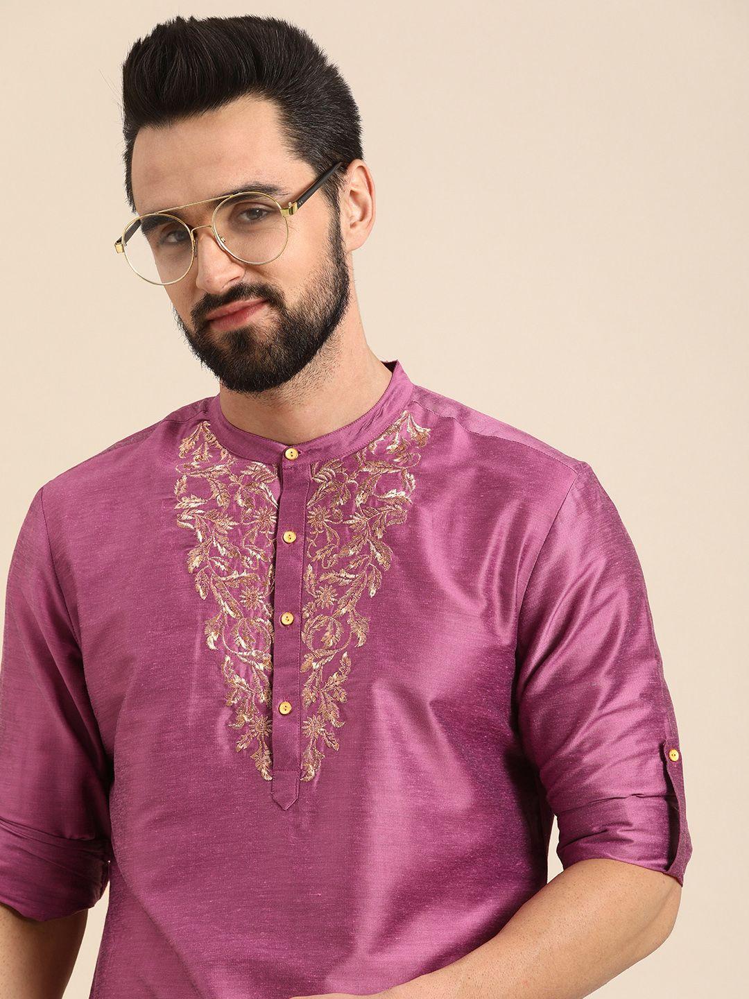 anouk men purple thread work embroidered solid straight kurta