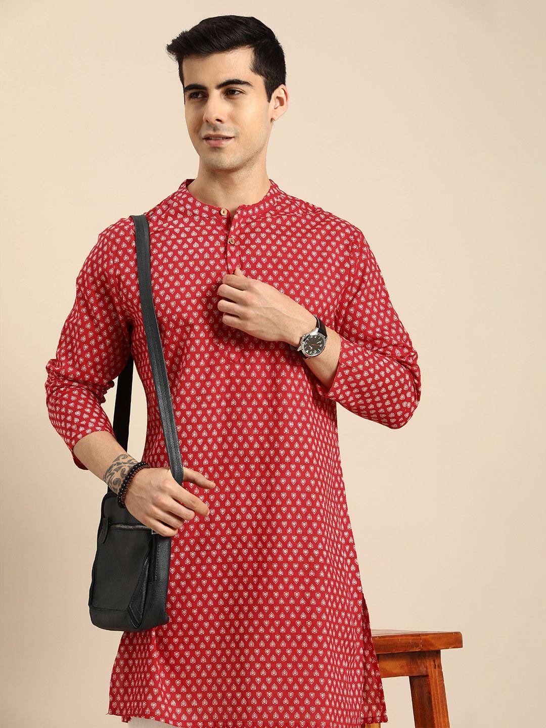 anouk men red & white printed pure cotton kurta with pyjamas