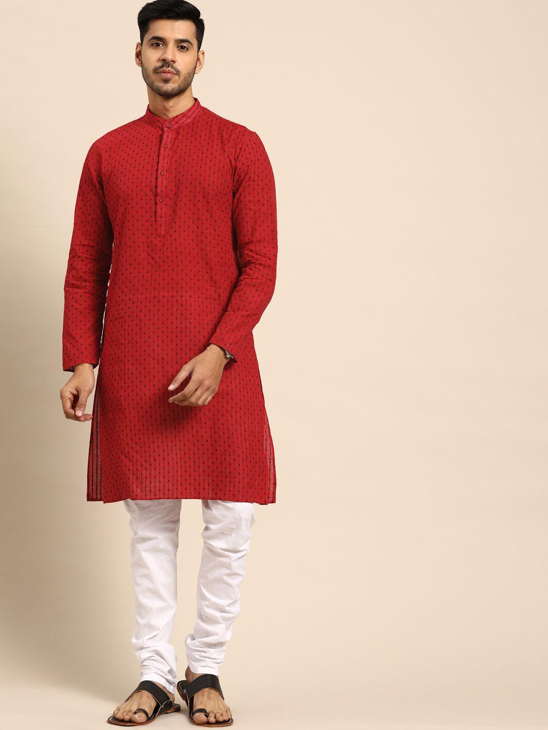 anouk men red & white regular pure cotton kurta with churidar