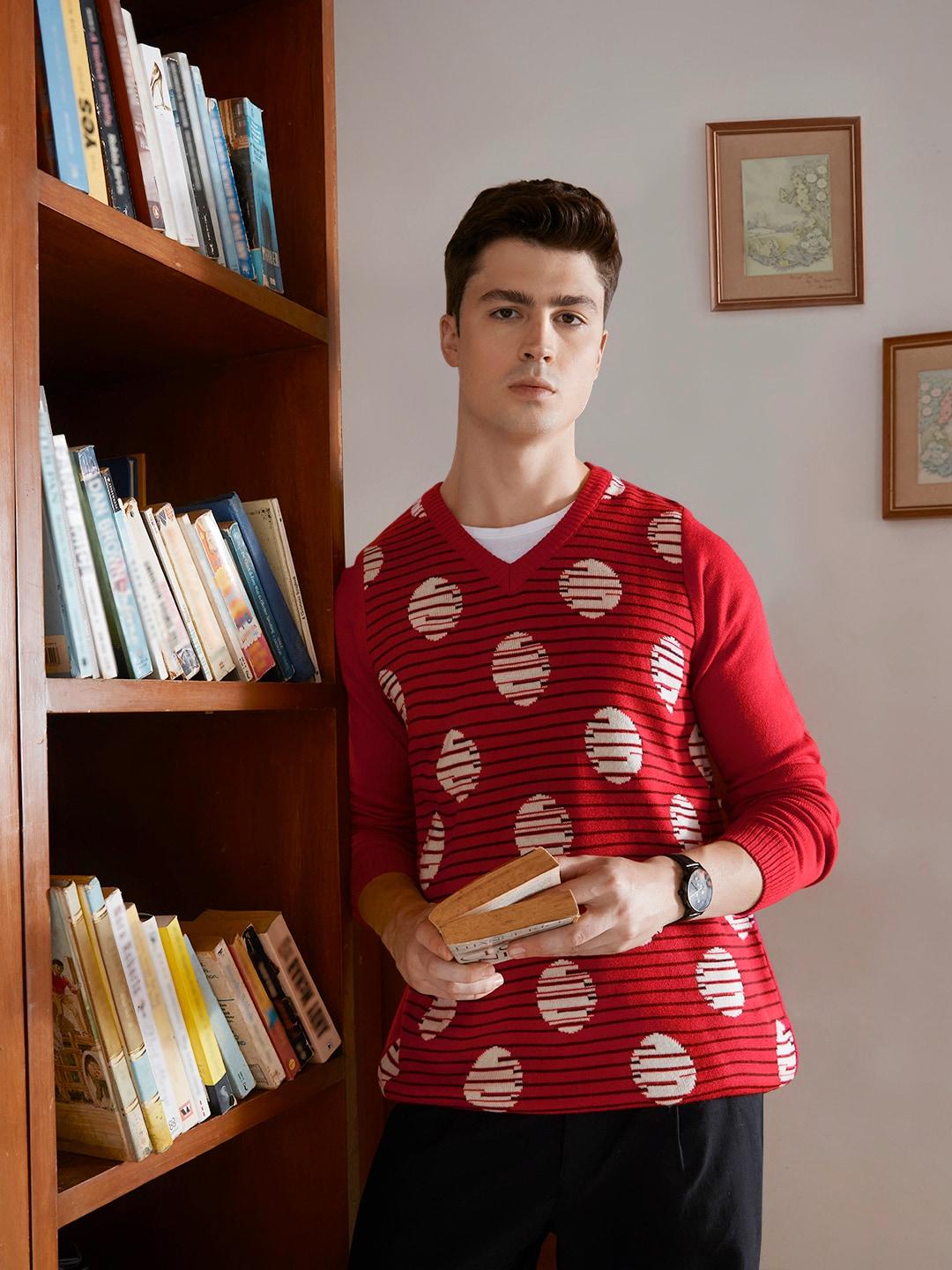 anouk men red & white self-design pullover