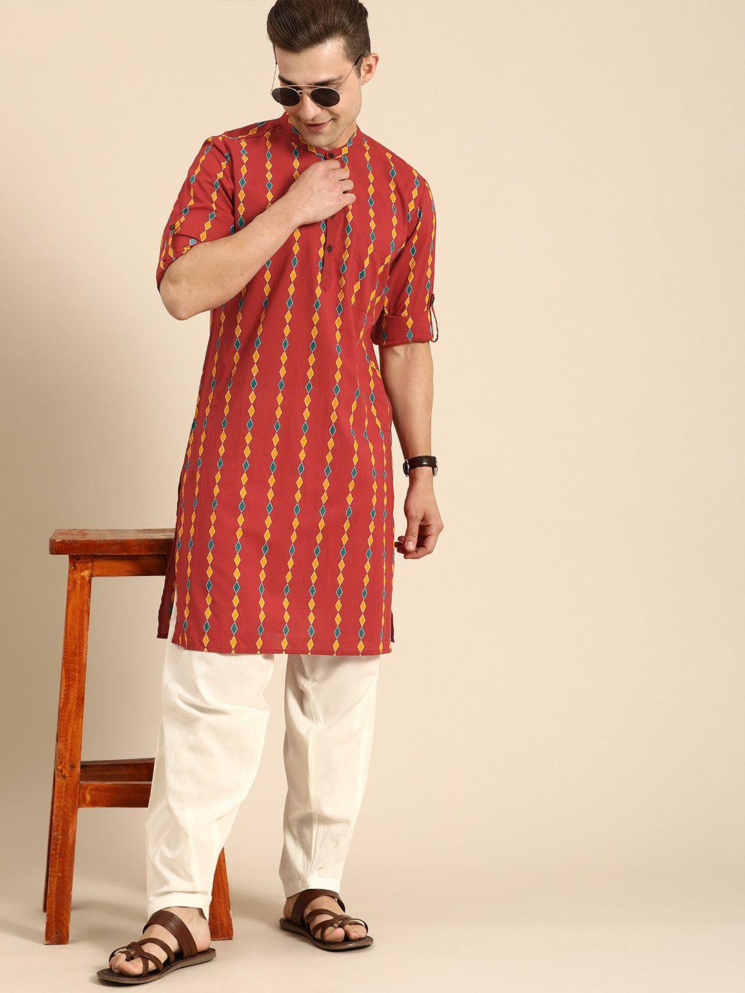 anouk men red & yellow printed pure cotton mandarian collar kurta with salwar