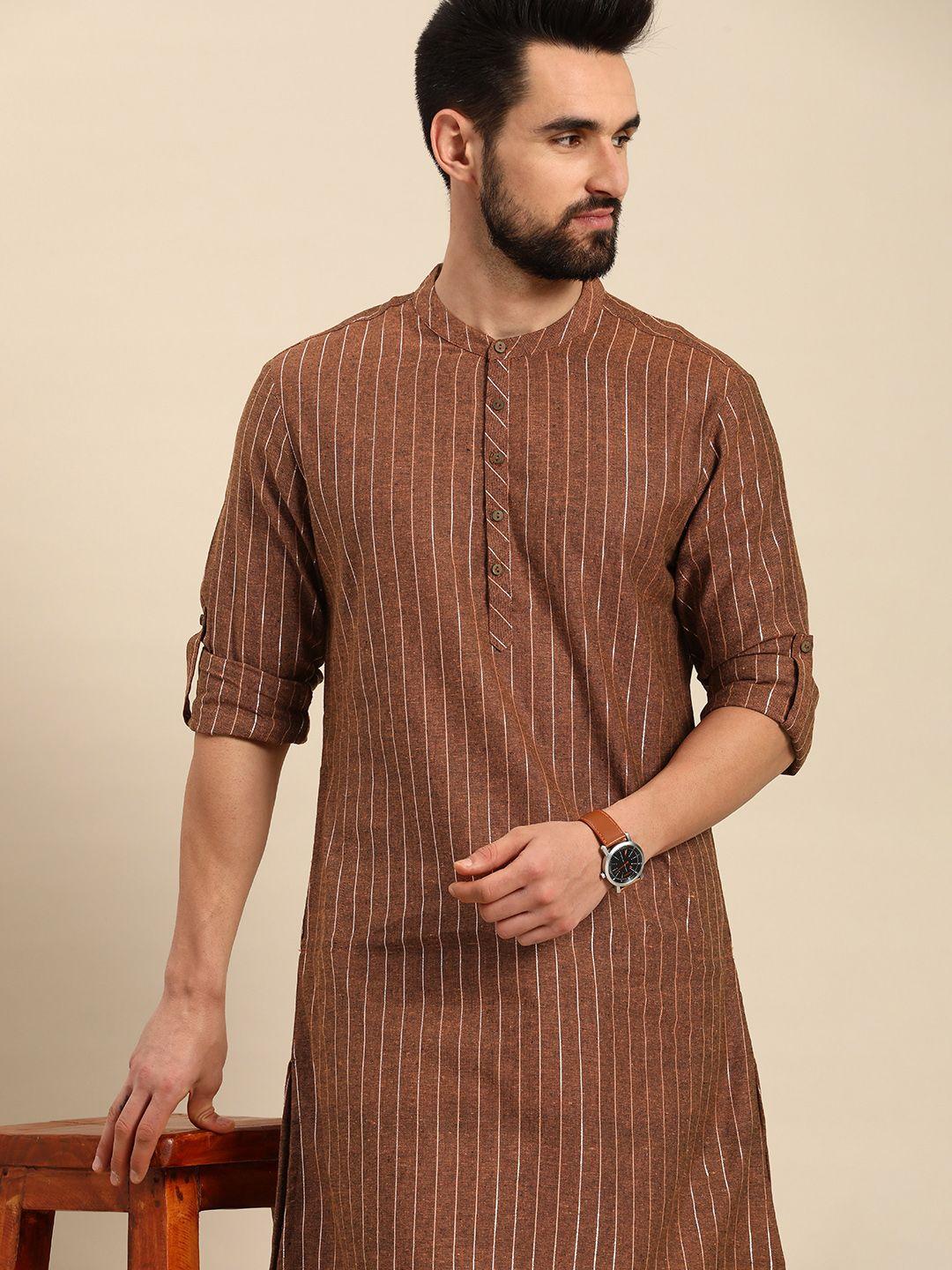 anouk men rust brown striped kurta