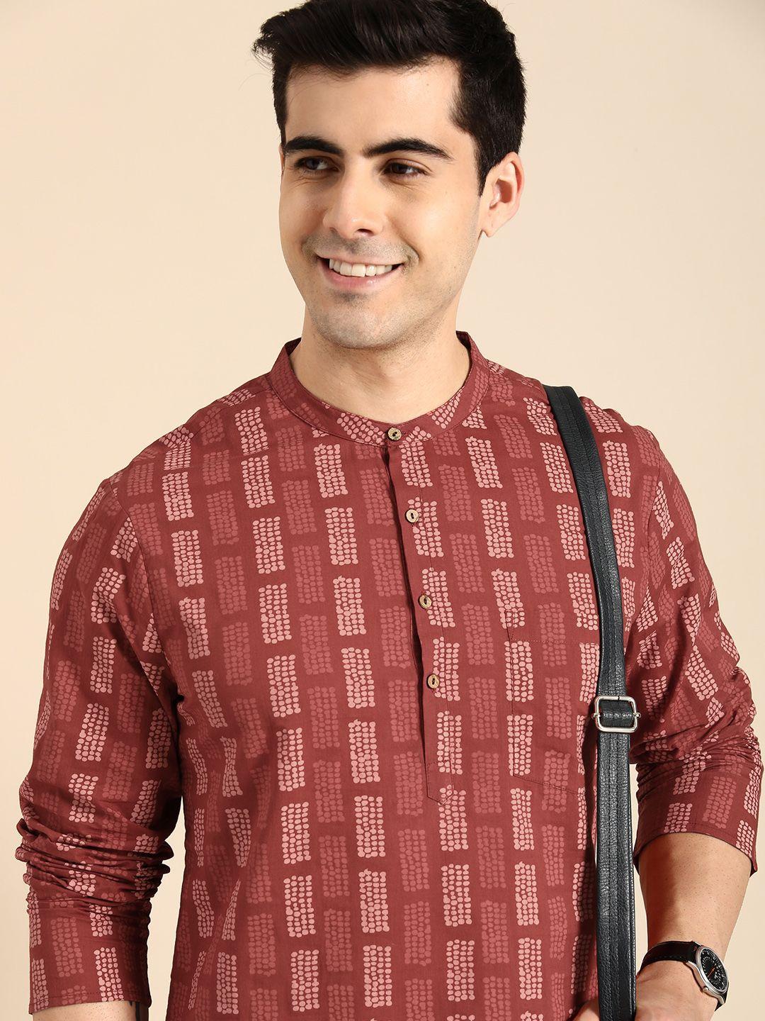 anouk men rust-coloured ethnic motif printed pure cotton kurta