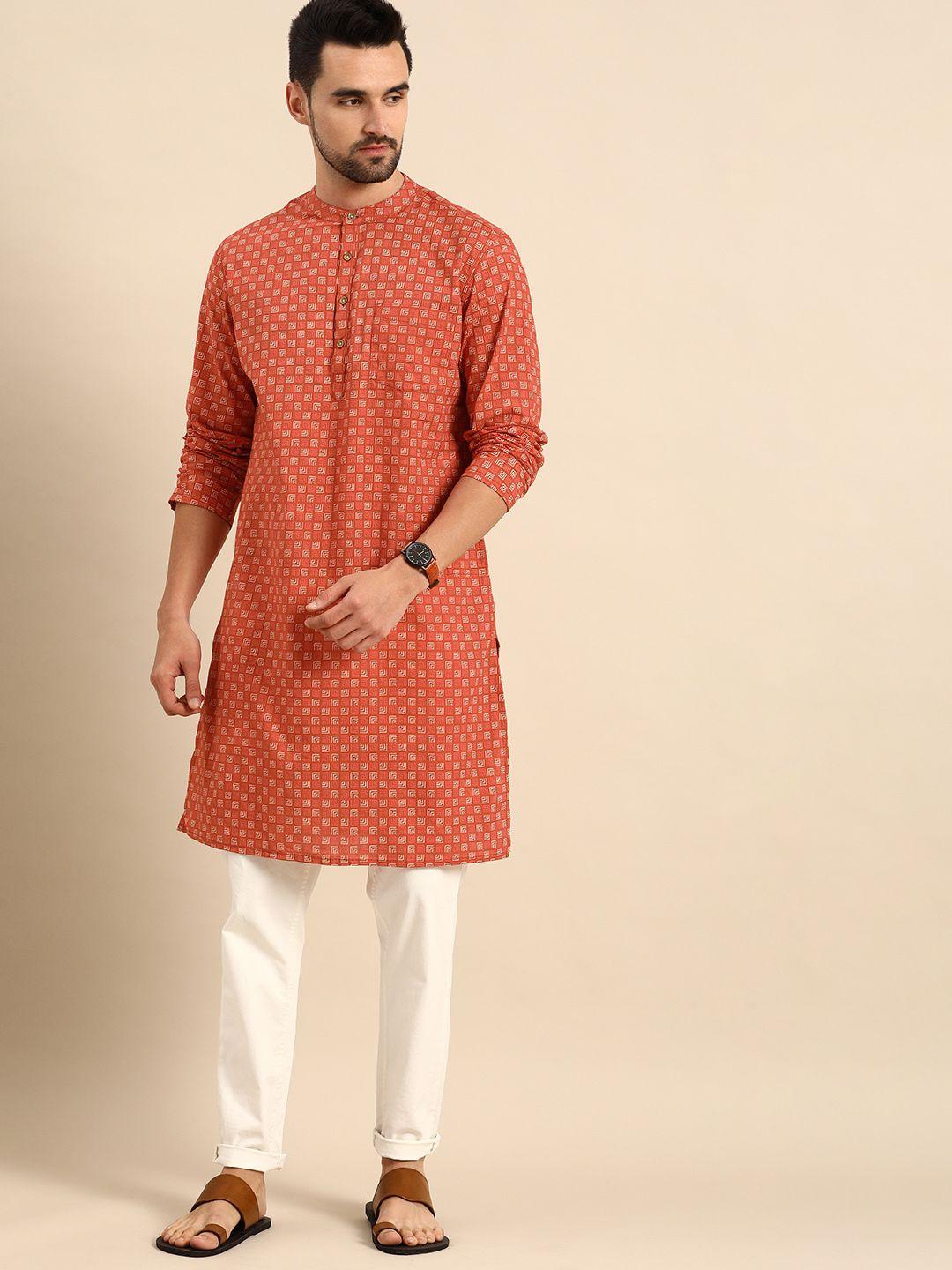 anouk men rust orange & off white geometric printed pure cotton kurta
