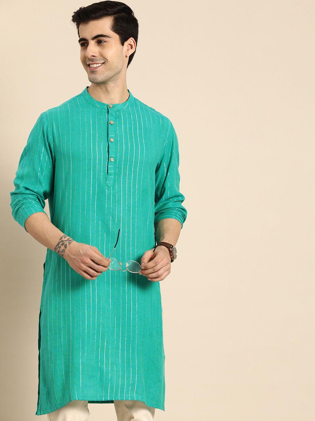 anouk men sea green striped mandarin-collar a-line kurta