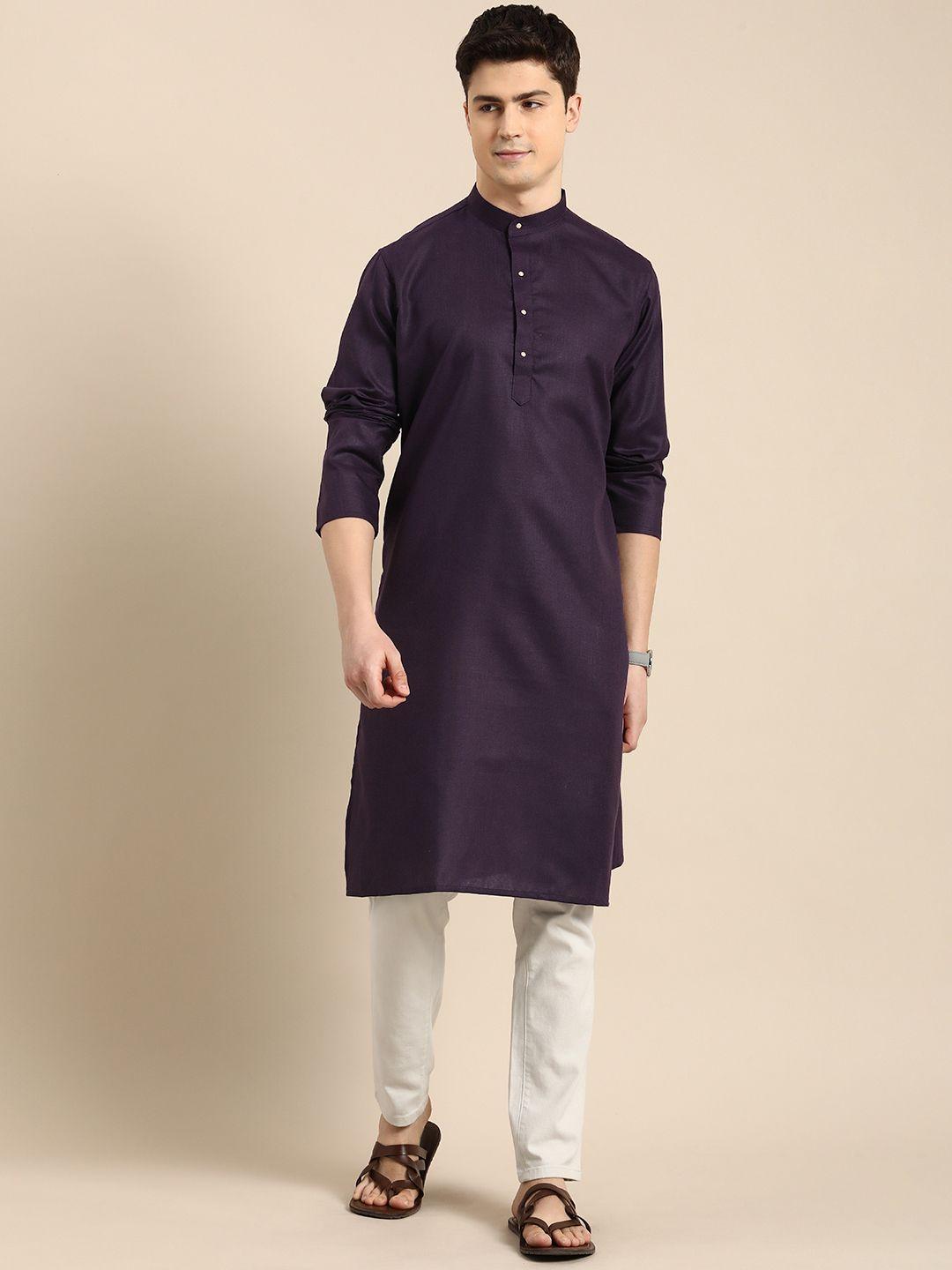 anouk men solid straight jacquard kurta