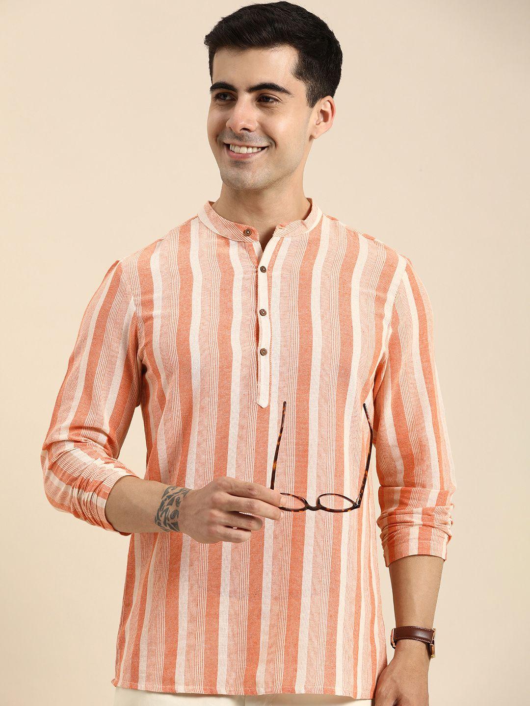 anouk men striped band collar straight kurta