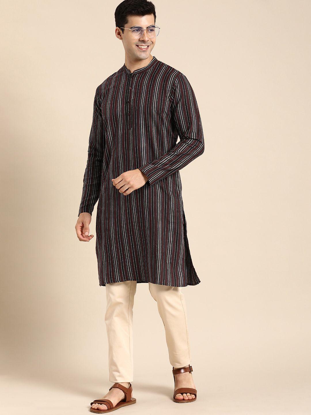 anouk men striped mandarin collar straight kurta