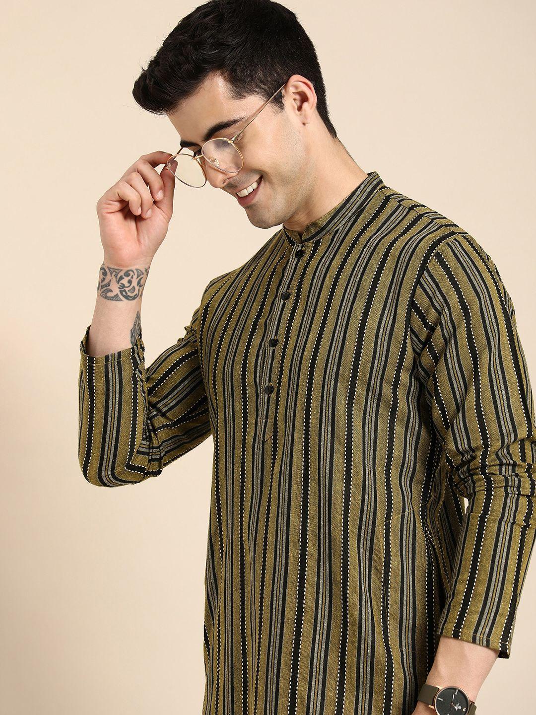 anouk men striped mandarin collar straight kurta