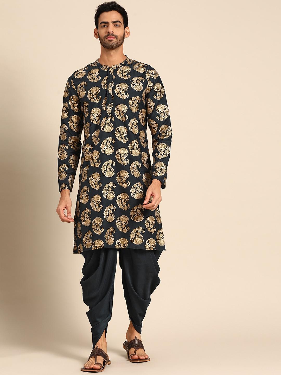 anouk men teal blue ethnic motifs printed kurta with dhoti pants