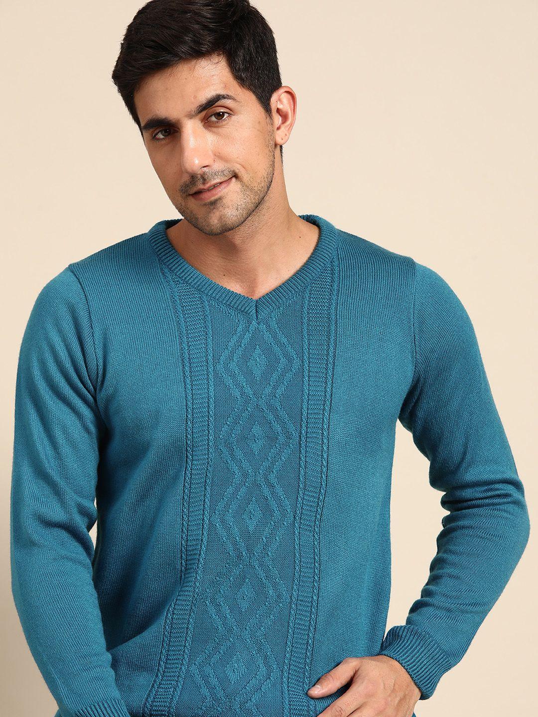 anouk men teal blue self-design pullover