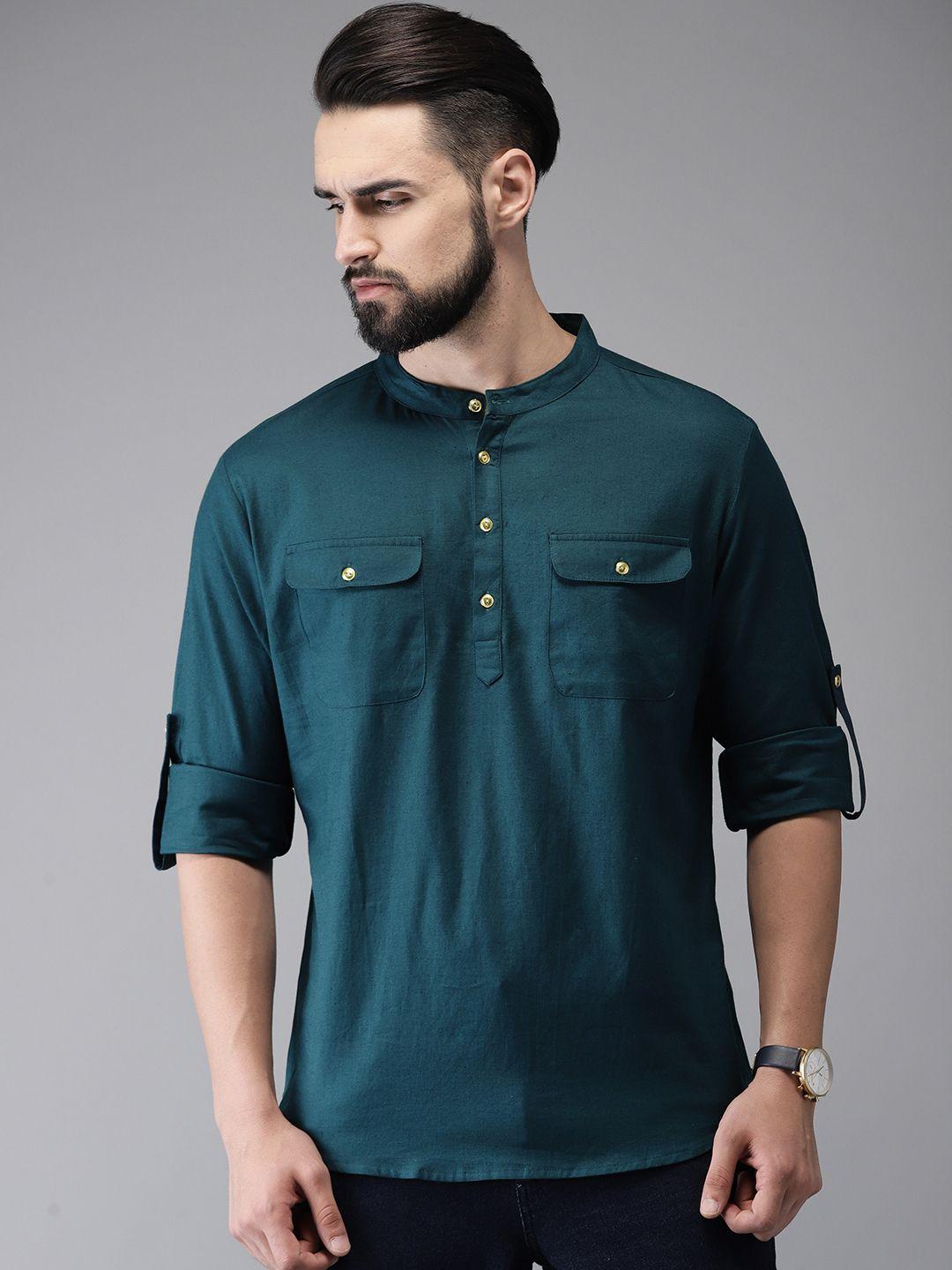 anouk men teal blue solid straight kurta