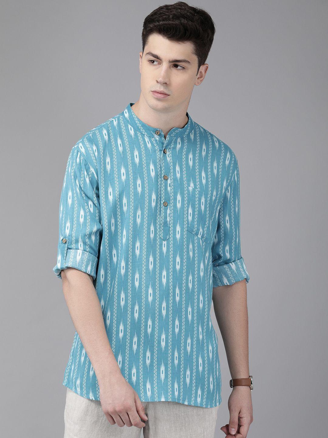 anouk men turquoise blue & white printed straight kurta