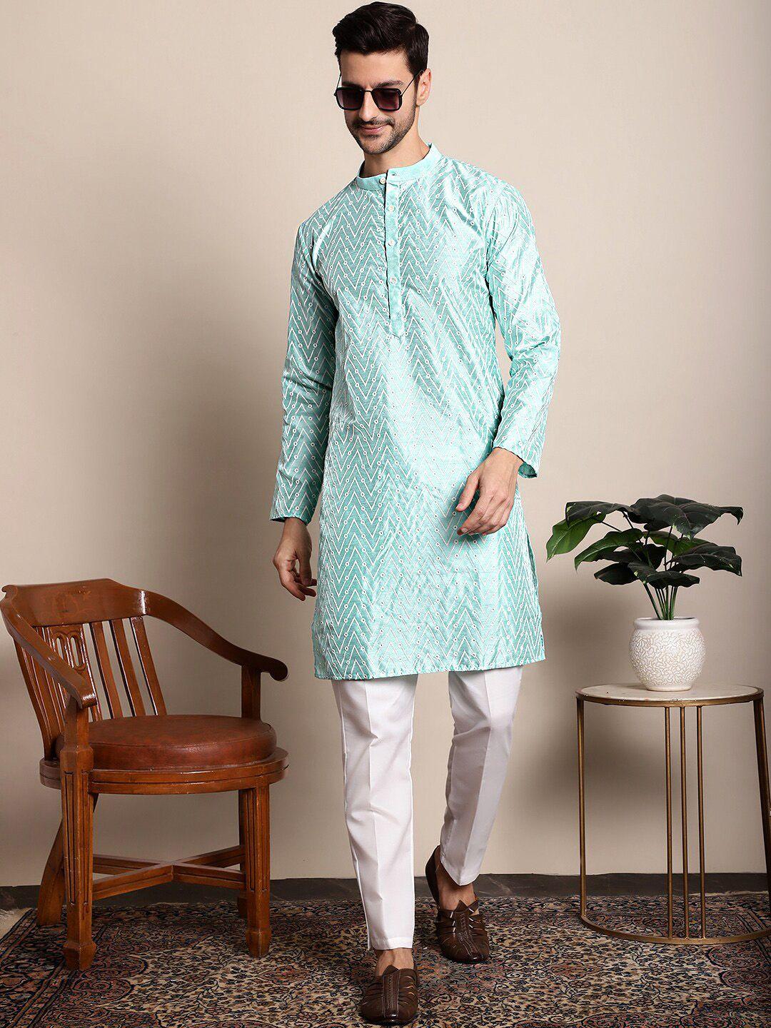 anouk men turquoise blue geometric embroidered regular kurta with pyjamas