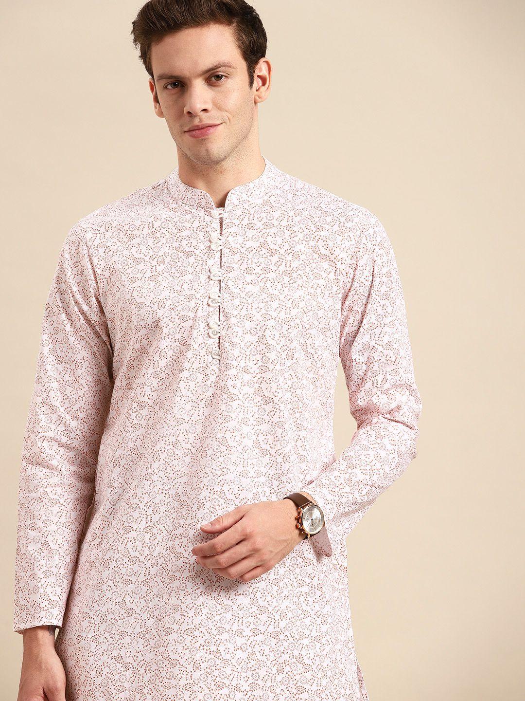 anouk men white & brown ethnic motifs printed kurta