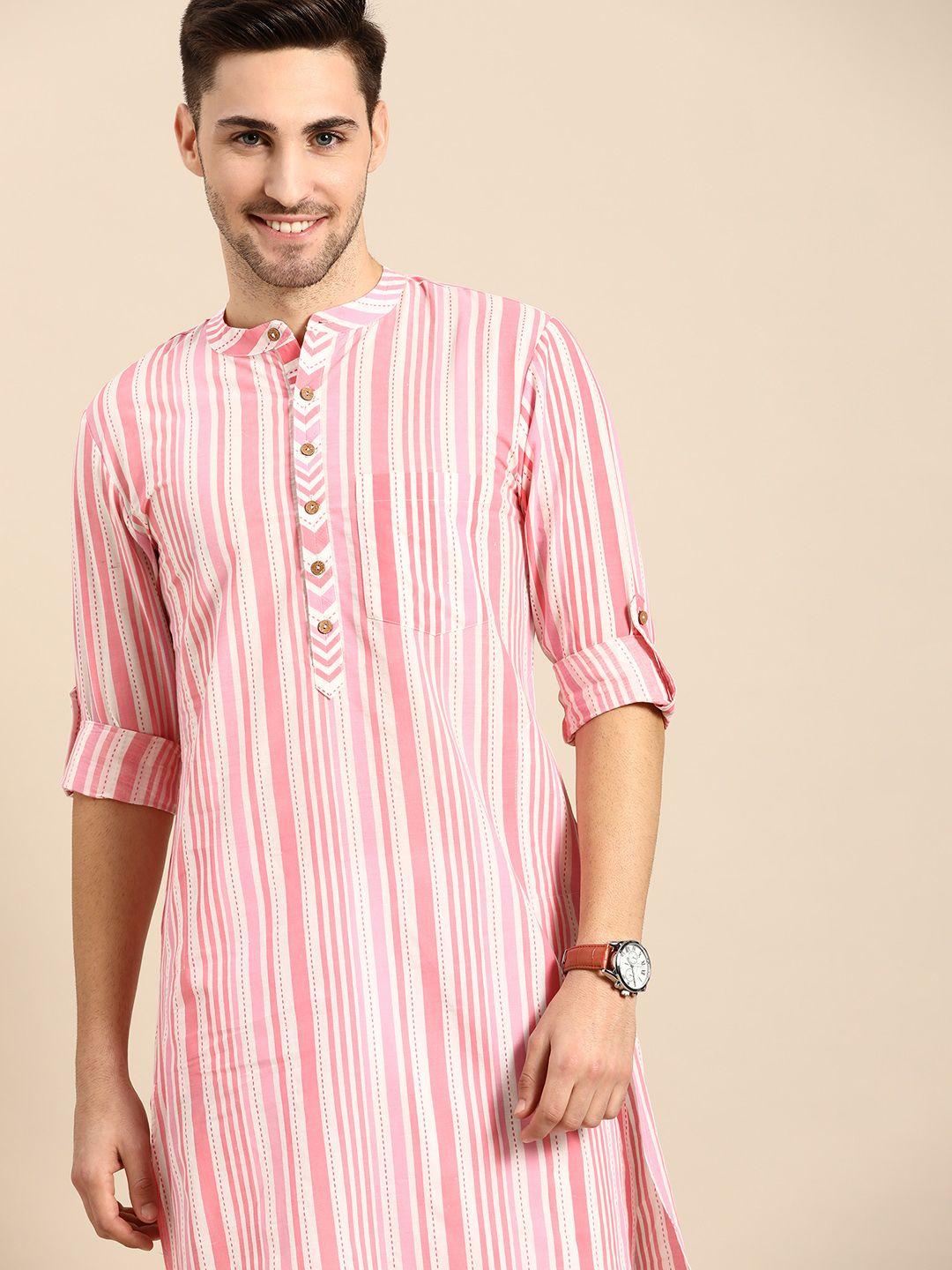 anouk men white & pink striped straight pure cotton kurta