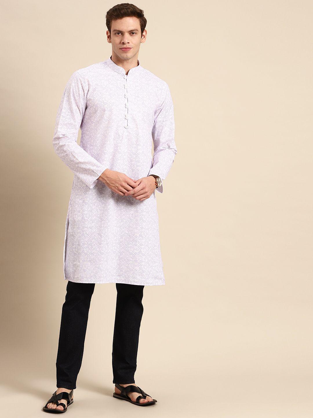 anouk men white & purple ethnic motifs printed kurta