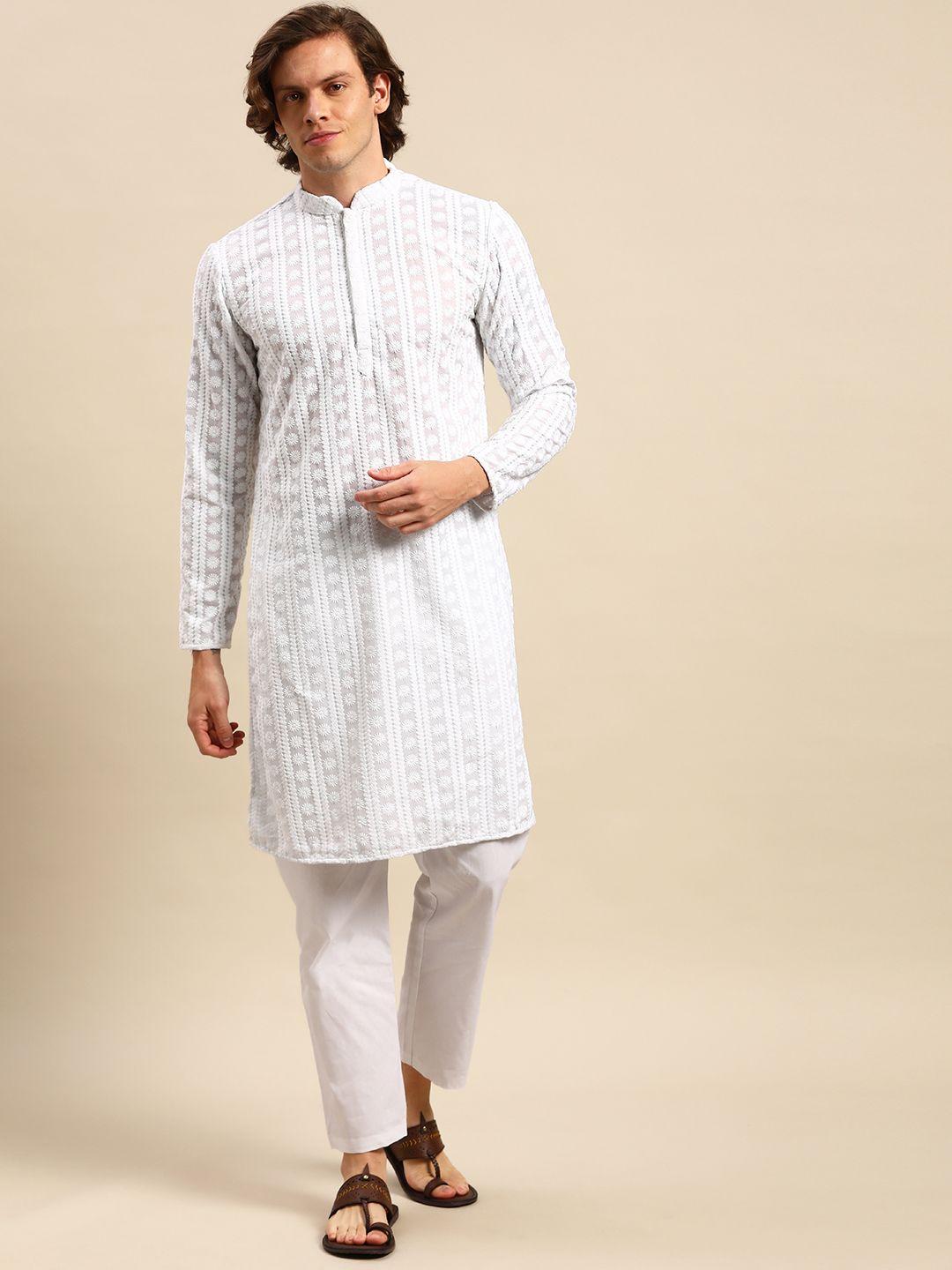 anouk men white ethnic motifs embroidered pure cotton kurta with pyjamas