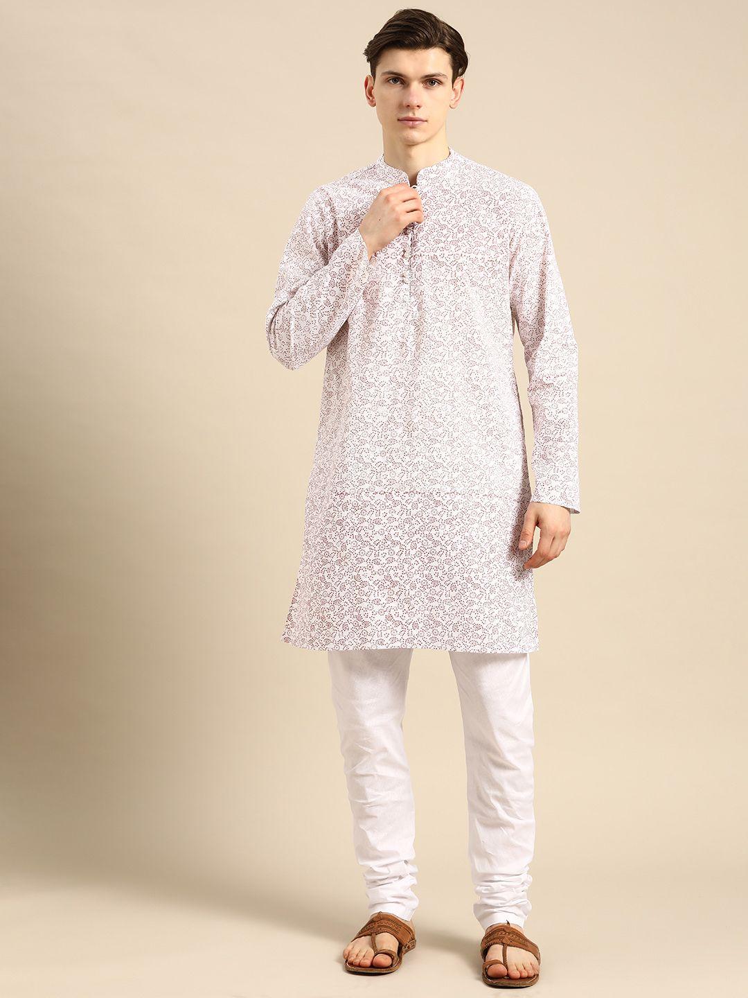 anouk men white ethnic motifs printed pure cotton kurta with churidar