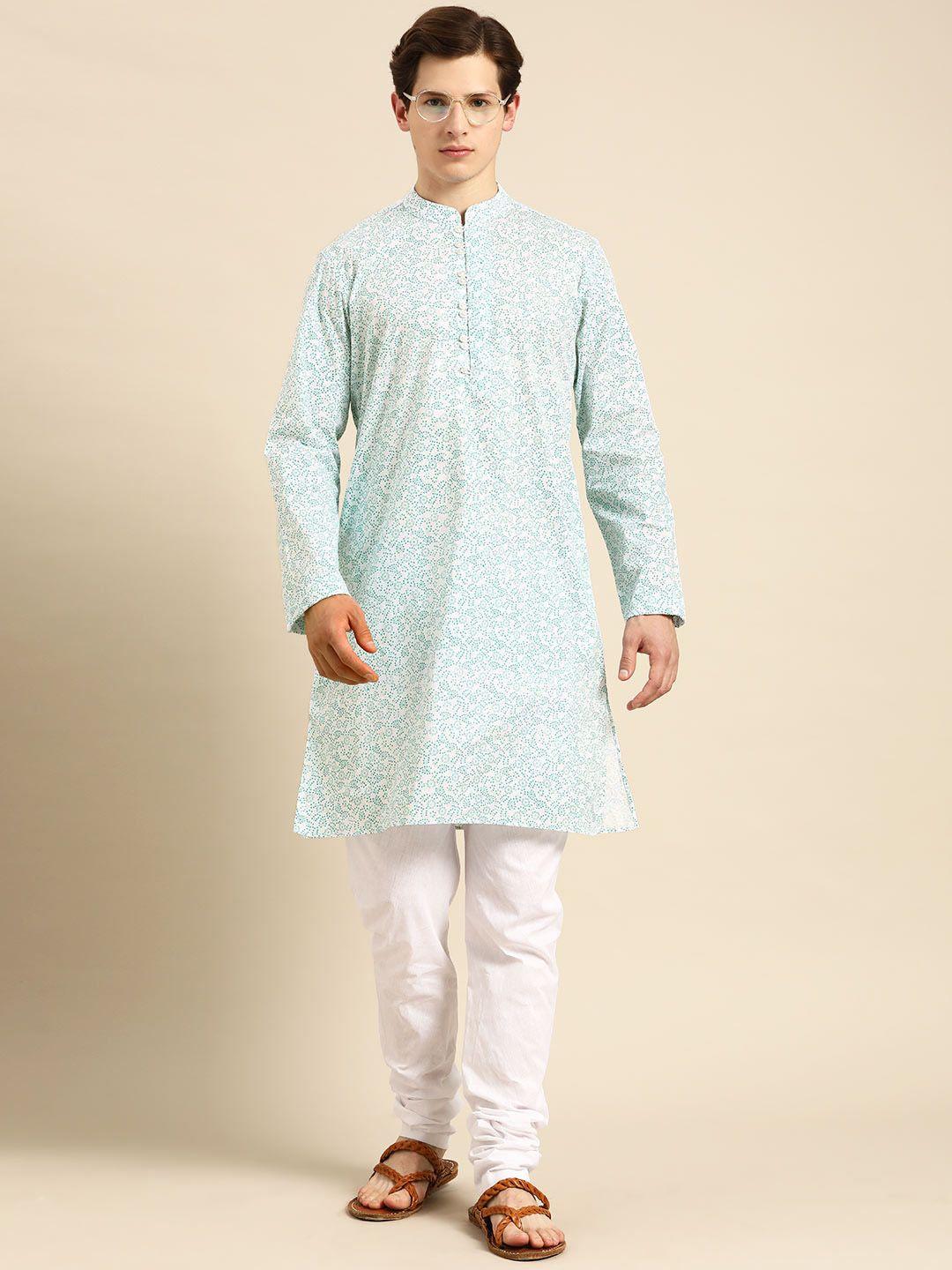 anouk men white ethnic motifs printed pure cotton kurta with churidar