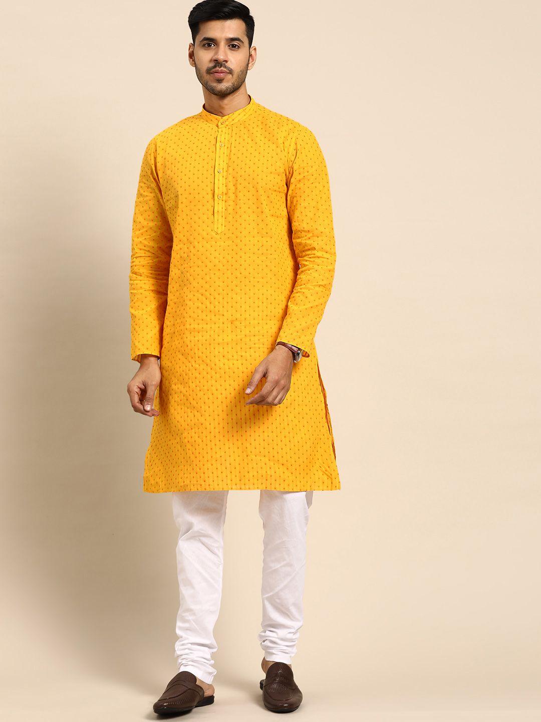 anouk men yellow & white regular pure cotton kurta with churidar
