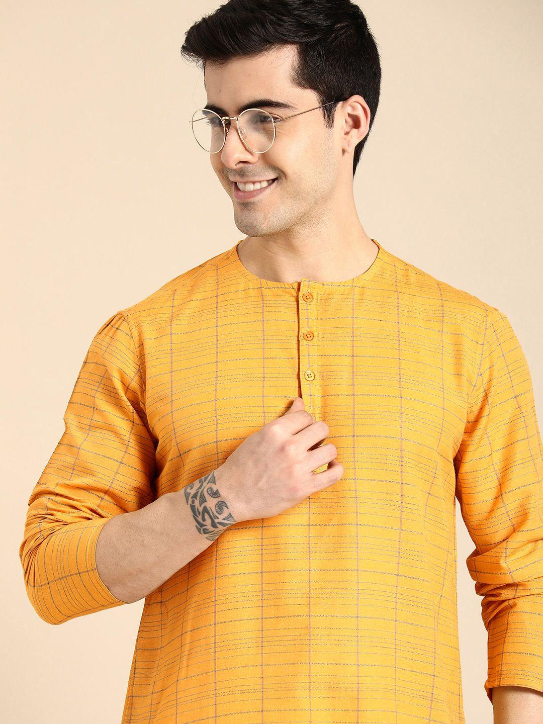 anouk men yellow checked round-neck straight kurta