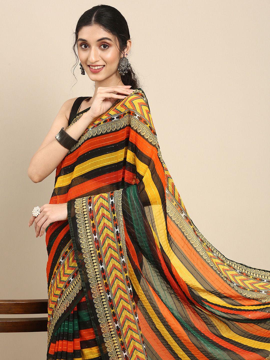 anouk multicoloured striped sequinned pure georgette saree