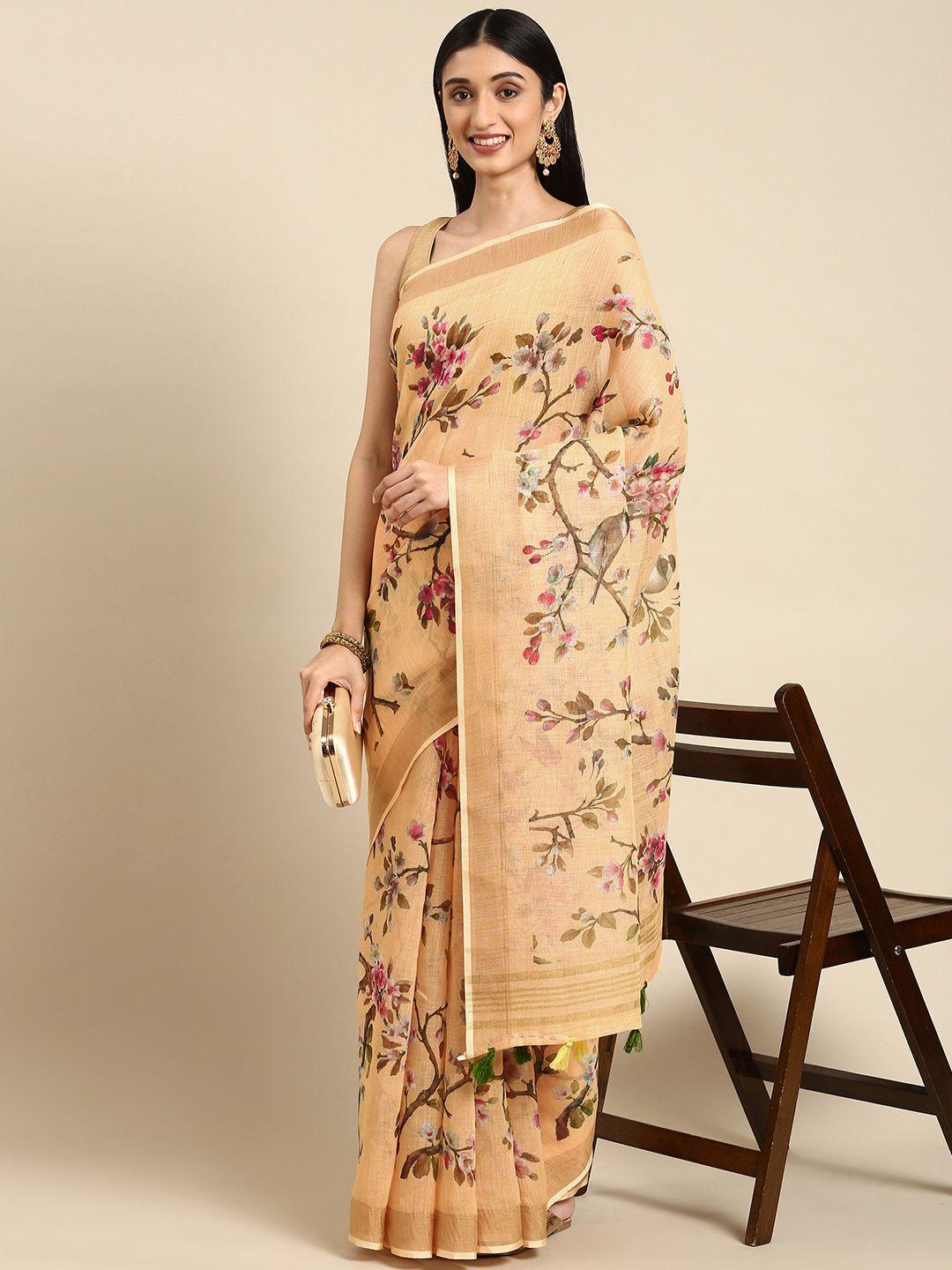 anouk mustard & brown floral print pure linen saree