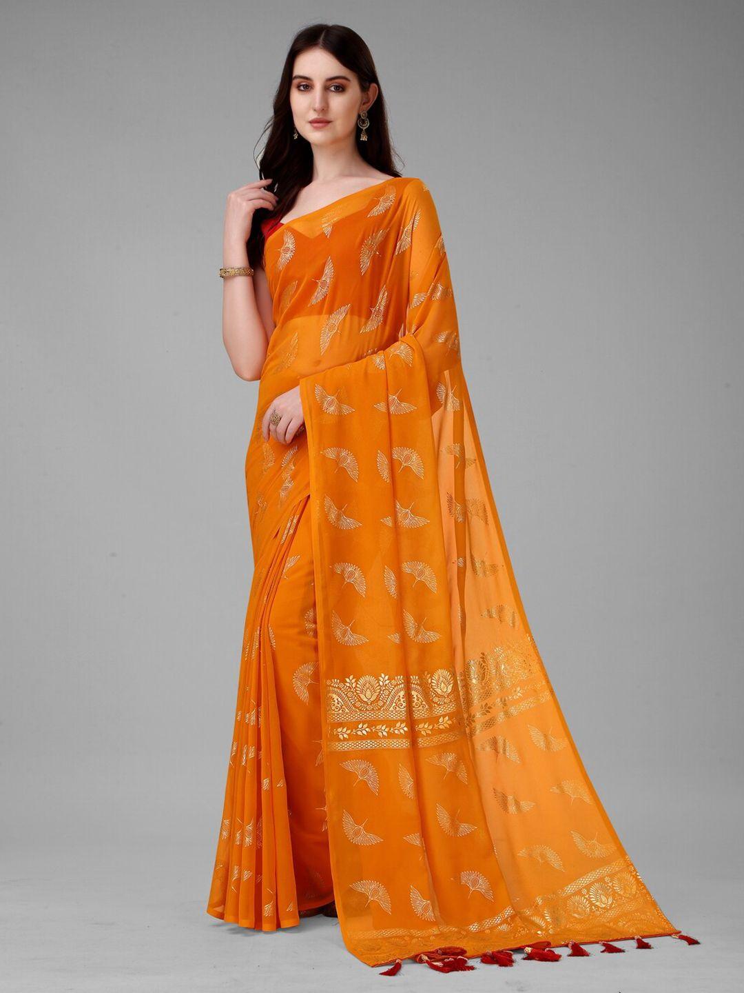 anouk mustard & gold-toned ethnic printed pure georgette saree