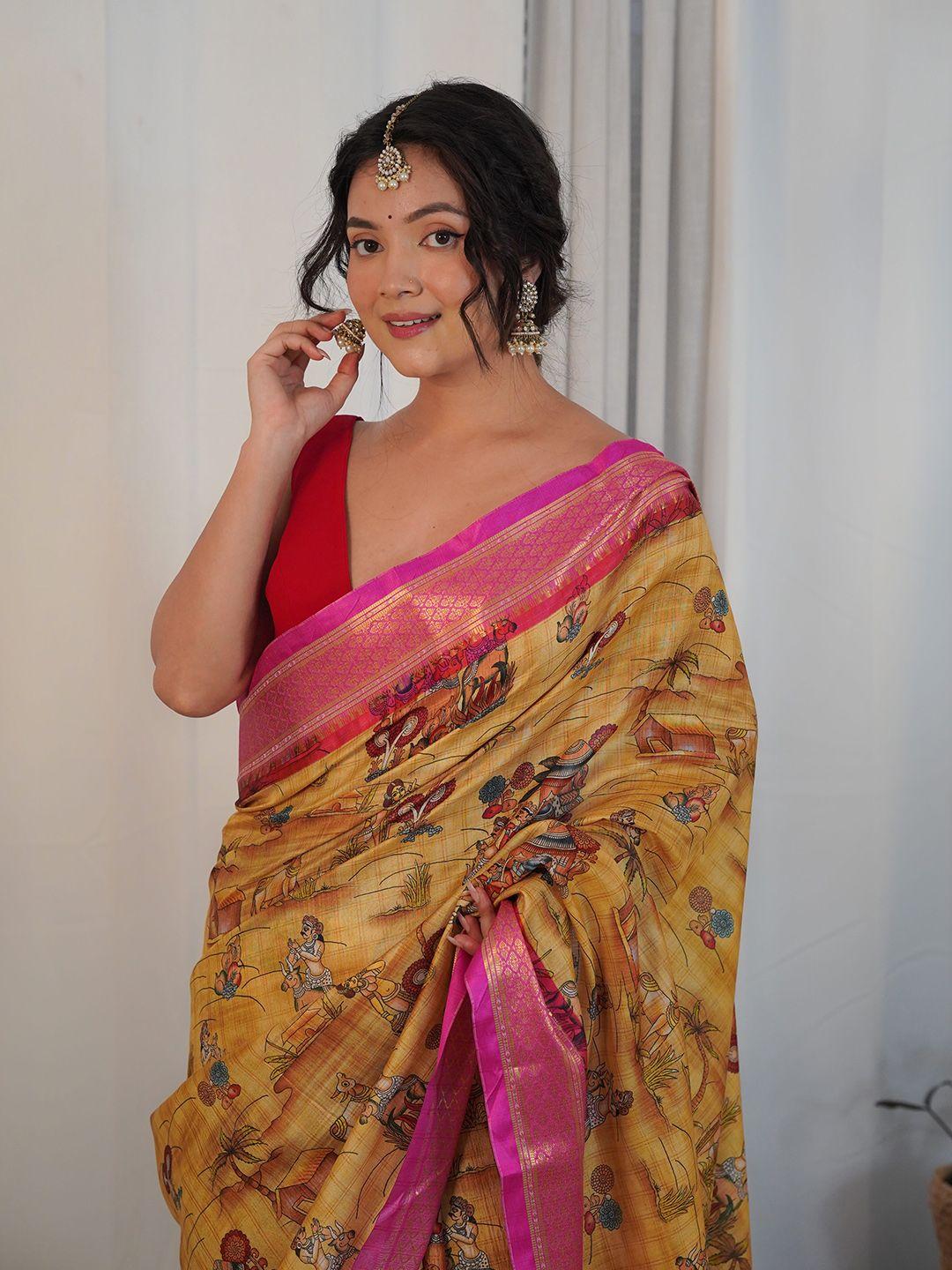 anouk mustard & gold toned kalamkari printed zari saree