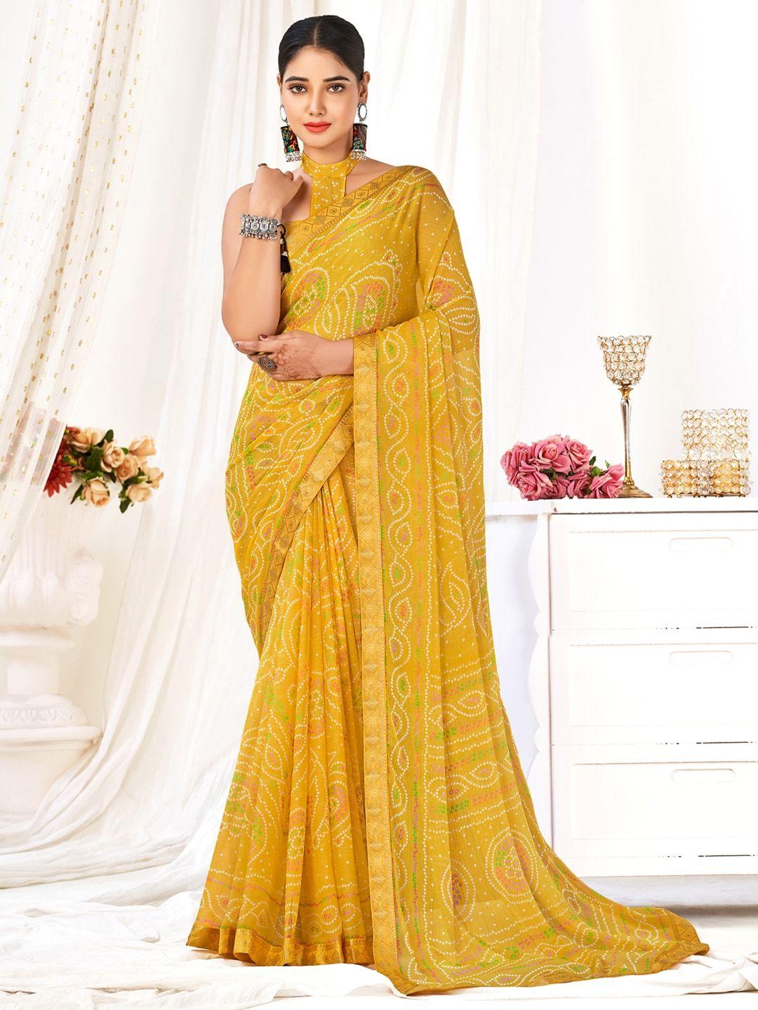 anouk mustard & green bandhani zari pure chiffon bandhani saree