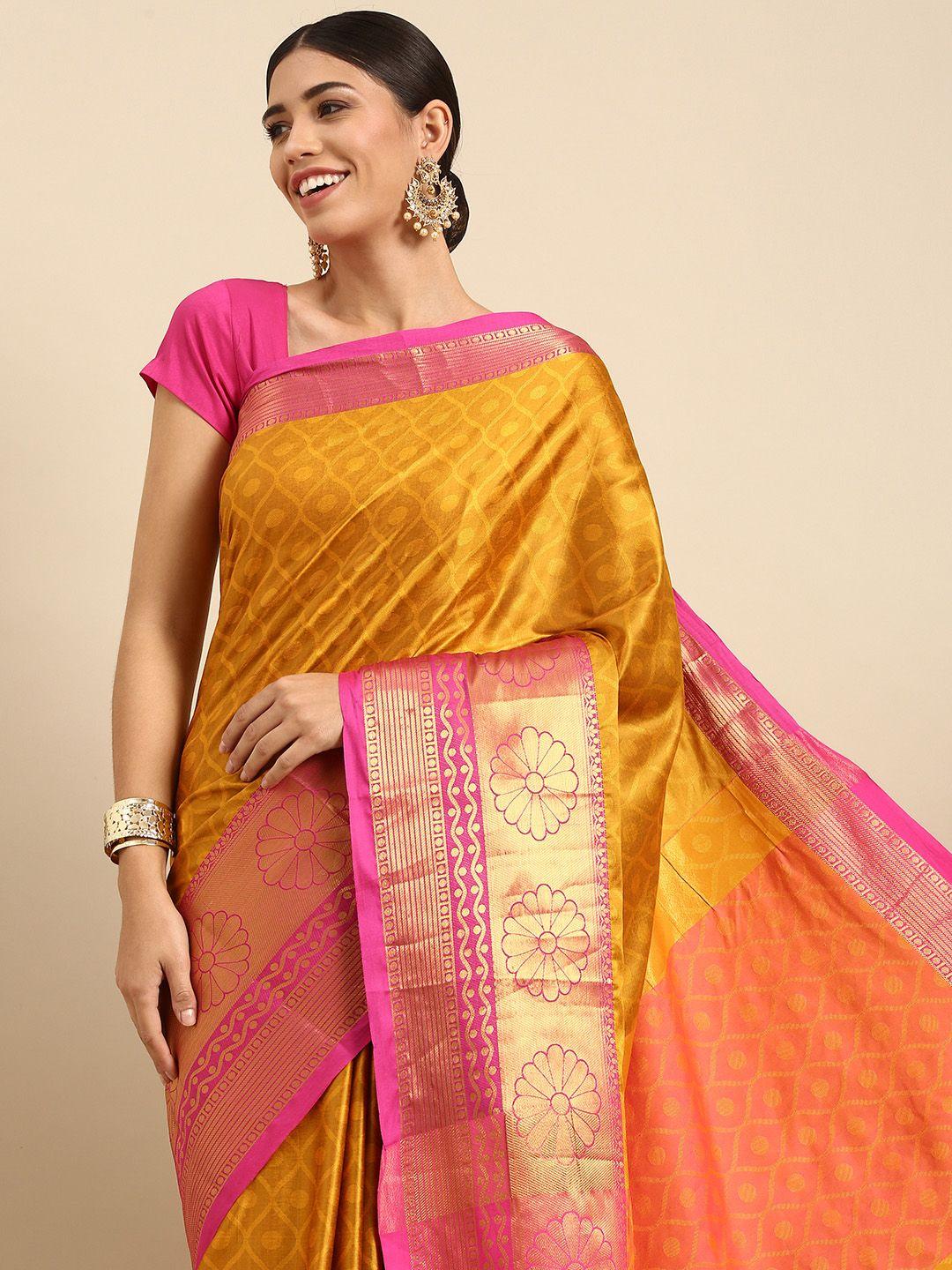 anouk mustard & pink ethnic motifs woven design silk blend banarasi saree